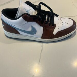 Jordan Men's White and Brown Sneakers with Blue Details